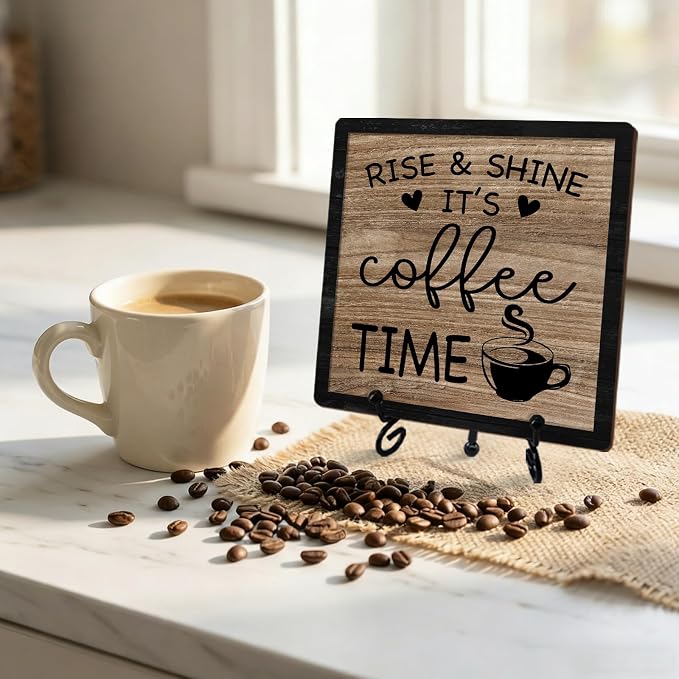 Funny Coffee Bar Decor, Rise & Shine It's Coffee Time Wood Plaque - Image 5