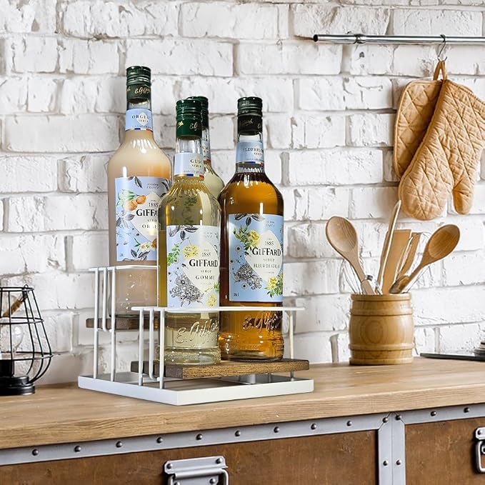 J JACKCUBE DESIGN Cofee Syrup Bottle Holder Rack, Rustic Wood and White Metal - Image 2