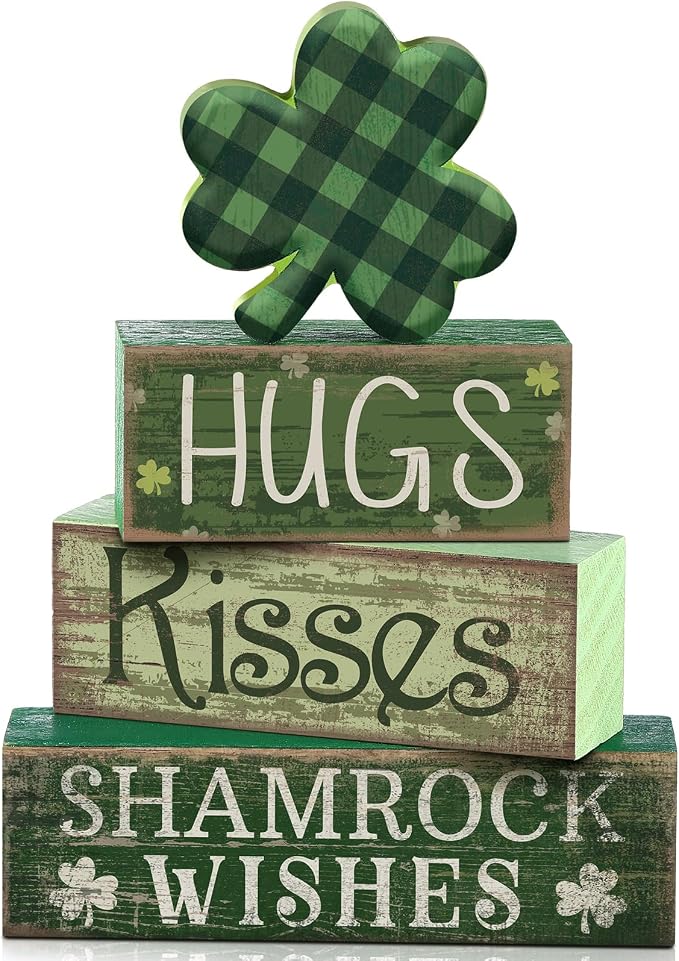 Lineshading 4 Pcs St. Patrick's Day Table Wooden Signs Hug Shamrocks Table by Lineshading