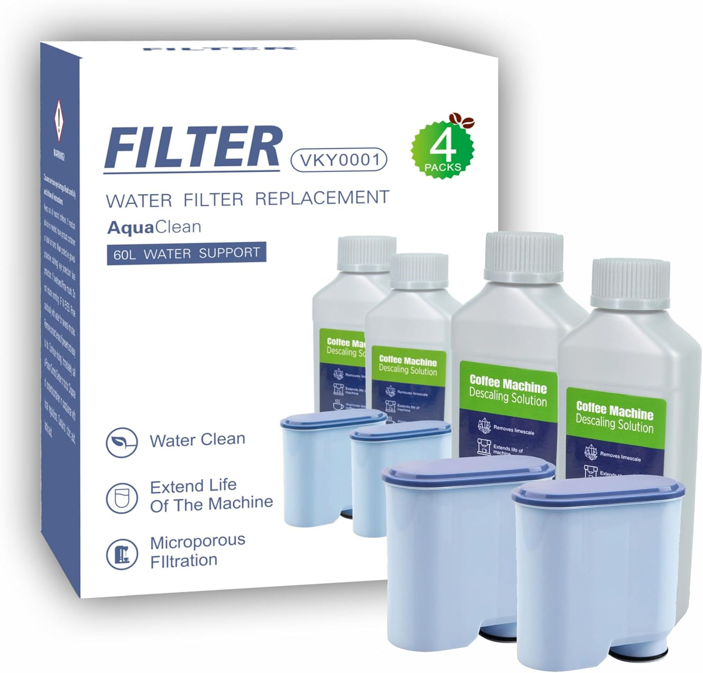 AquaClean Compatible Water Filters (2-Pack) & Descaling Liquid (250ml x 2) - Replacement for Philips Coffee Machines (4)