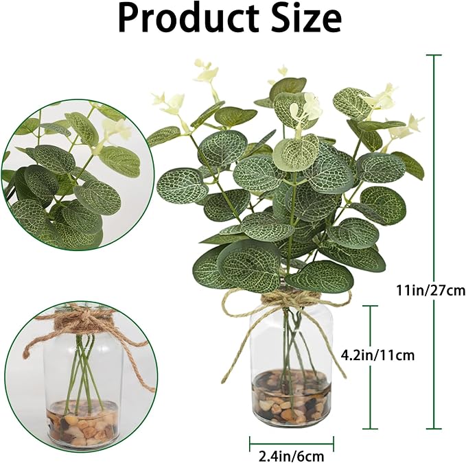 2 Pack Artificial Eucalyptus Stems in Glass Vases, Small Faux Plants - Image 2