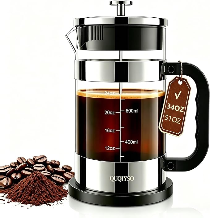 QUQIYSO French Press Coffee Maker, 2.5mm Thick Borosilicate Glass, 4 Layer by QUQIYSO-EnjoyWonderfulCoffee