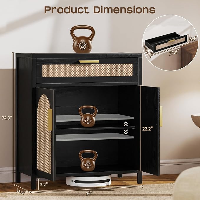 Rattan Buffet Cabinet with Storage, Sideboard Cabinet with Doors and Shelves - Image 2
