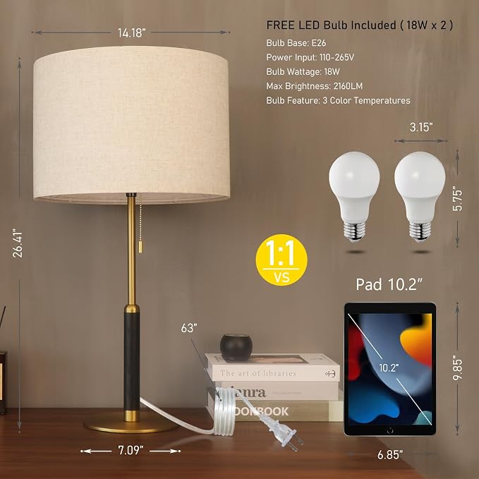 26.4" Set 2 Pull Chain Table Lamp Modern Mid Century Bedside Lamps - Image 2