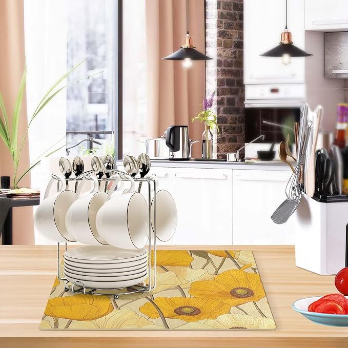Yellow Poppy Flower Coffee Mat Coffee Bar Maker Station Pot Spill Machine Pad - Image 5