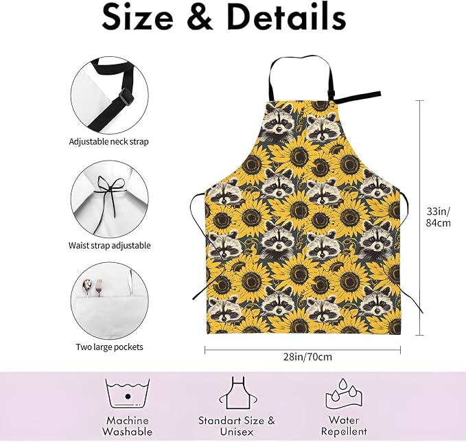 Raccoon and Sunflower Apron, Adjustable Waterproof Oxford Fabric Kitchen Apron - Image 3