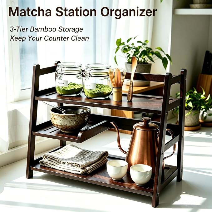 3 Tier Bamboo Matcha & Coffee Station, Countertop Organizer Shelf - Image 5