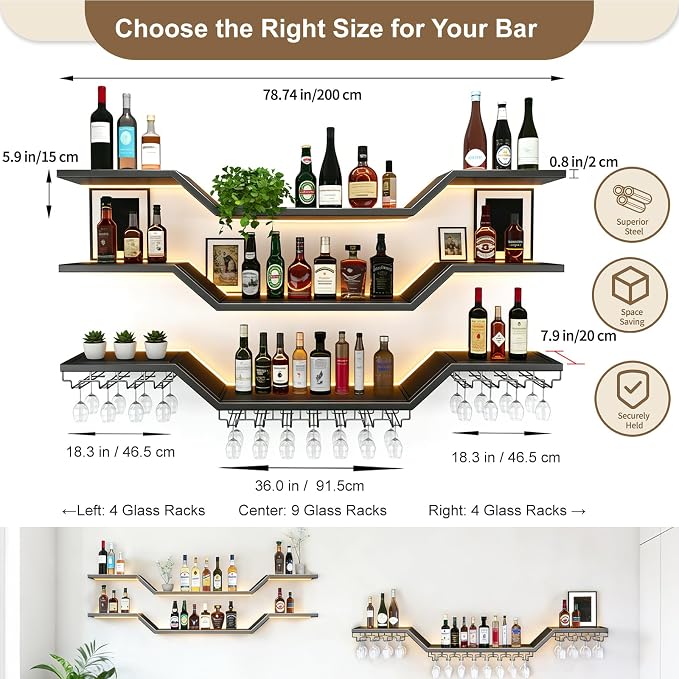 78.7-inch/200cm Metal Wall Mount Wine Rack, 3-tiers Modern Wall Bar Shelf - Image 2