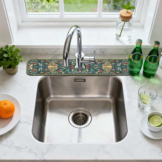 2 Pcs Kitchen Sink Splash Guard Faucet Mat Vintage Green Insects and Plants - Image 3