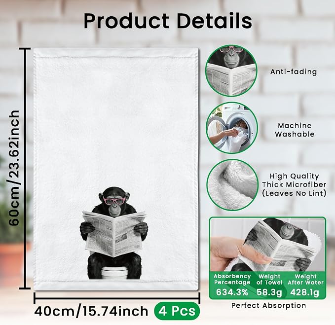 CUTHOLLOW Fun Gorillas Decorative Kitchen Towels Set of 4, 15.74"x23.62" - Image 2