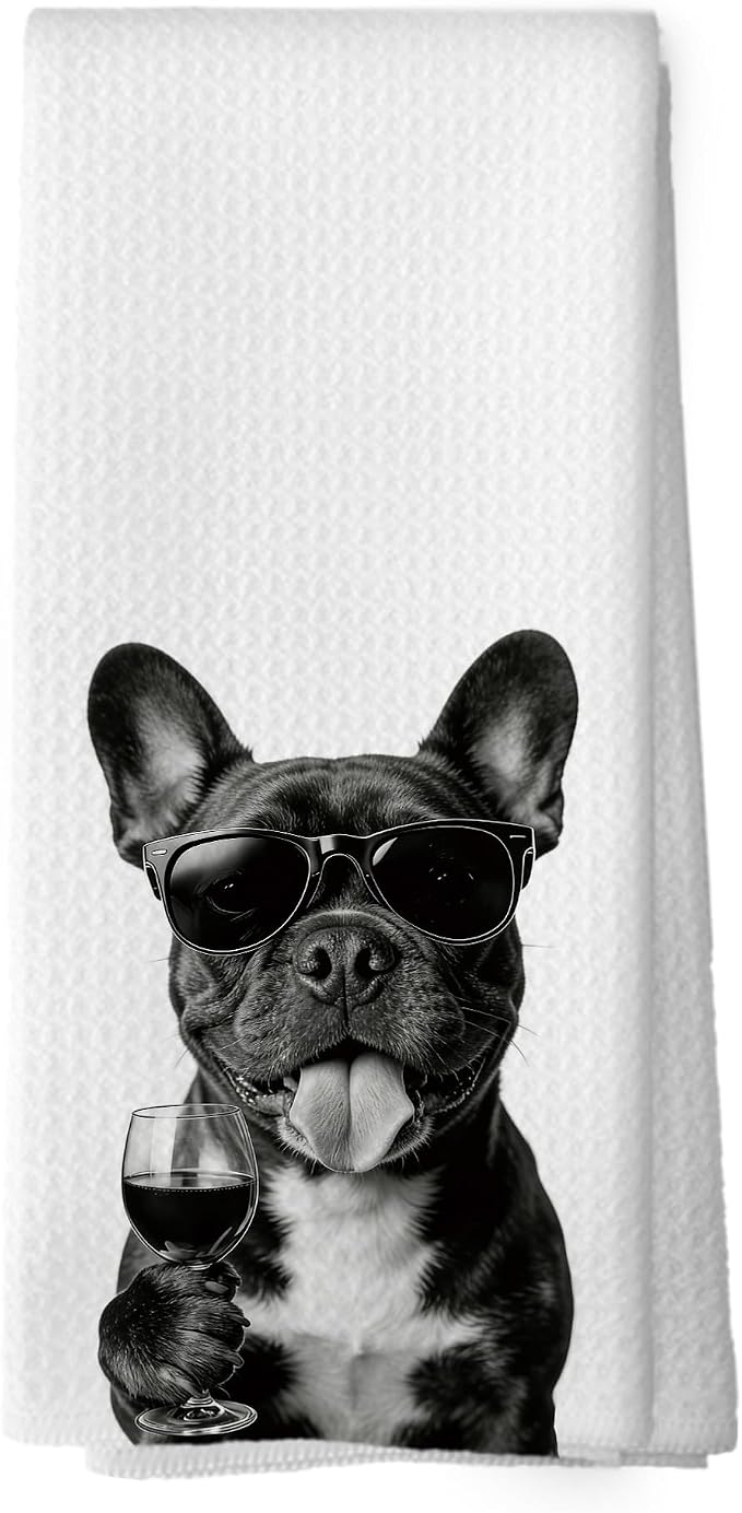 Funny French Bulldog Wine Bar Kitchen Dish Towels, French Bulldog Gifts by XPH