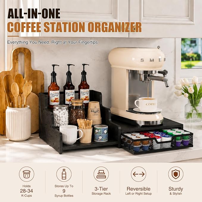 Coffee Station Organizer with K Cup Holder, 28 Pod Capacity, 3-Tier Syrup Rack - Image 3