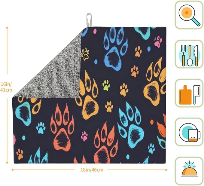Dish Drying Mat Dish Drainer Mat 16X18 Large Size Colorful Paw Prints Dark - Image 5