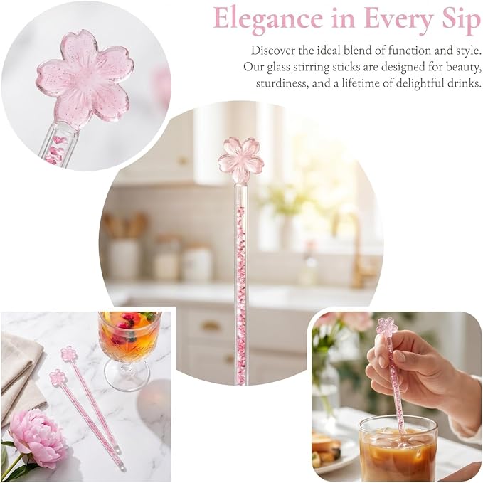 Luxshiny 2-Pack Pink Glass Stirring Sticks 7.28 Inch Floral Design Drink - Image 5