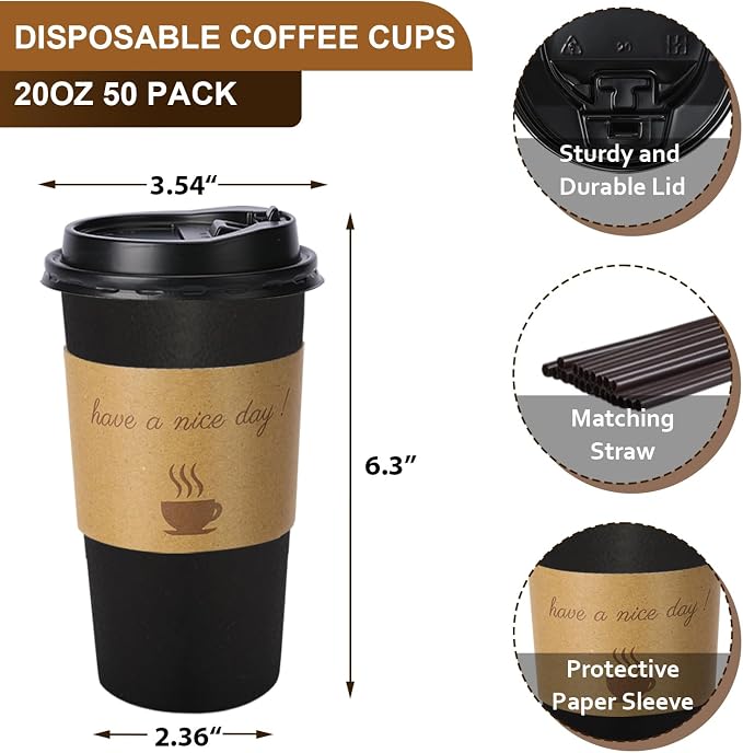 BYSNOW 20 oz 50 pack Disposable Paper Coffee Cups, Paper To Go Cups - Image 2