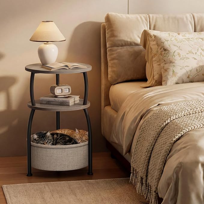Round Side Table with Storage Basket, End Table Living Room, Greige | Round End - Image 5