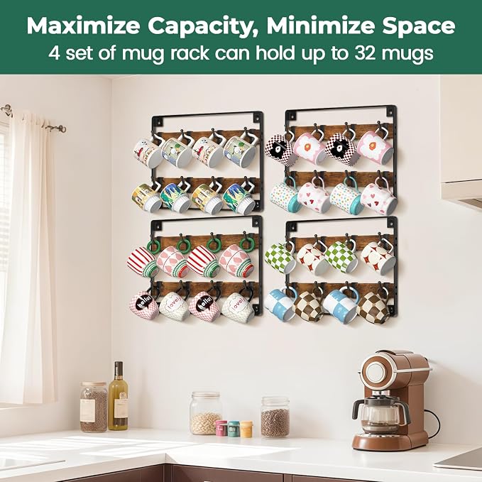 EsLuker.ly Mug Holder Hanger Rack Wall Mounted Wooden 4 Pack Coffee Cup Storage - Image 3