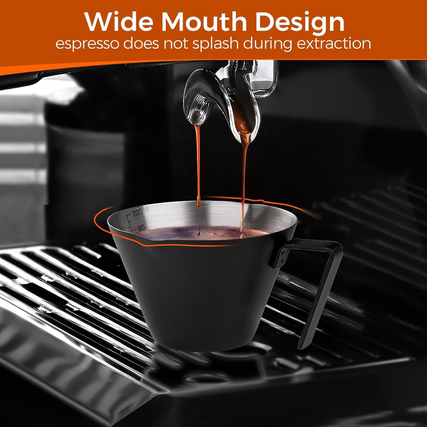 YARRAMATE 2Pcs Stainless Steel Espresso Shot Cup, Double Spout Metal Espresso Measuring Cup with V-Shaped Mouth, Espresso Accessories, 3.4OZ/100ML (Black)