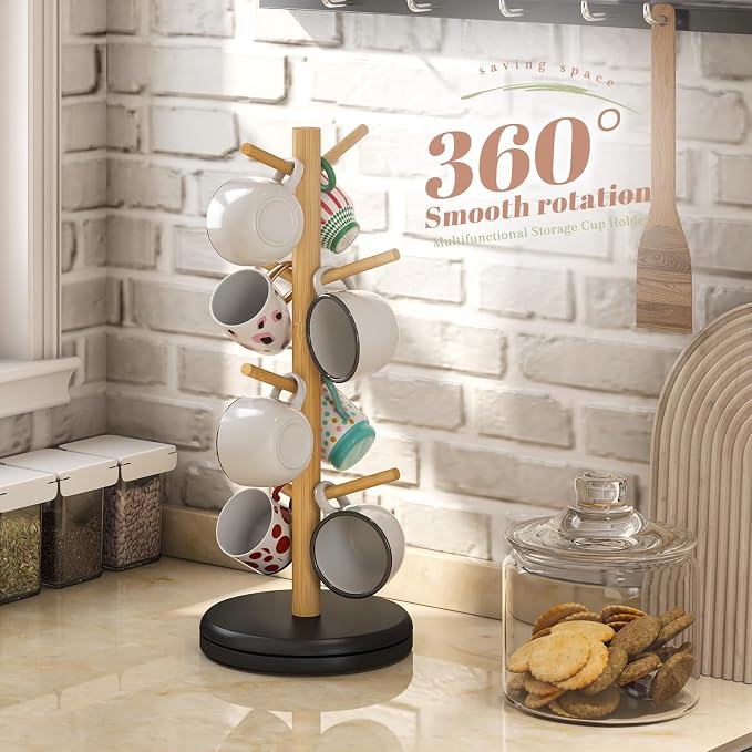 STDDRE Mug Holder Tree 360° Rotated Mug Tree Coffee Cup Holder Bamboo Rack - Image 3