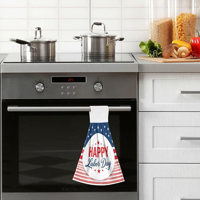 Happy Labor Day Kitchen Hanging Towel 12 x 17 Inch USA Stars Flag Bath Hand Tie - Image 2