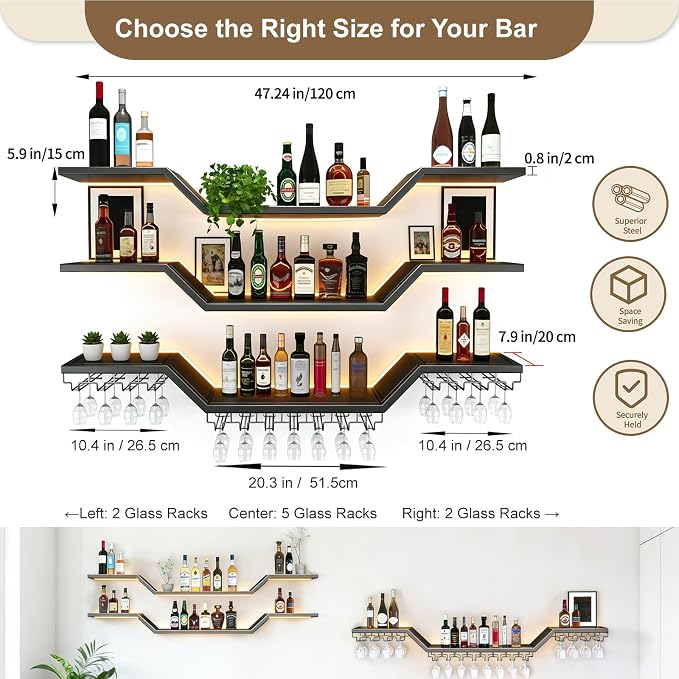 47.2-inch/120cm Metal Wall Mount Wine Rack, 3-tiers Modern Wall Bar Shelf - Image 2