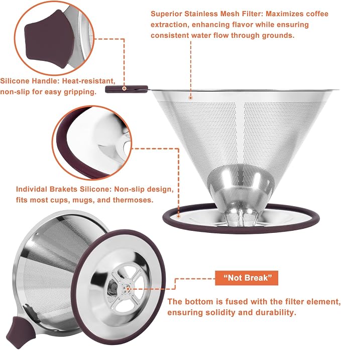 Pour Over Coffee Dripper Pour Over Coffee Filter, Cone Stainless Steel Reusable - Image 4