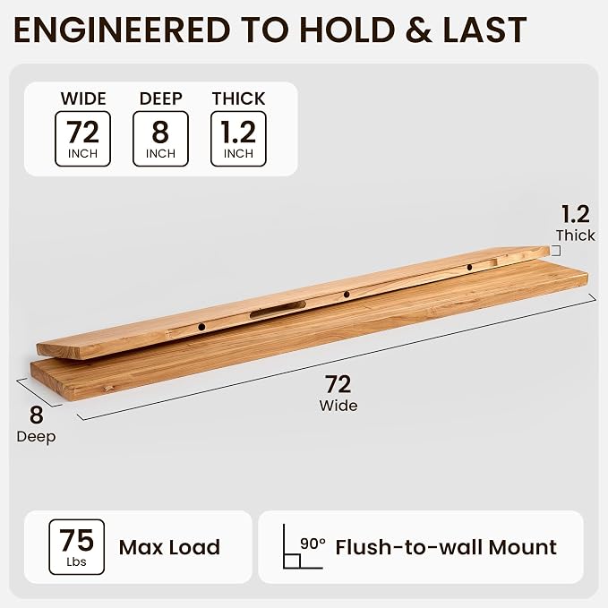 Fun Memories 72 Inch Floating Shelf, 8 Inch Deep Rounded Edge Extra Long Elm - Image 2