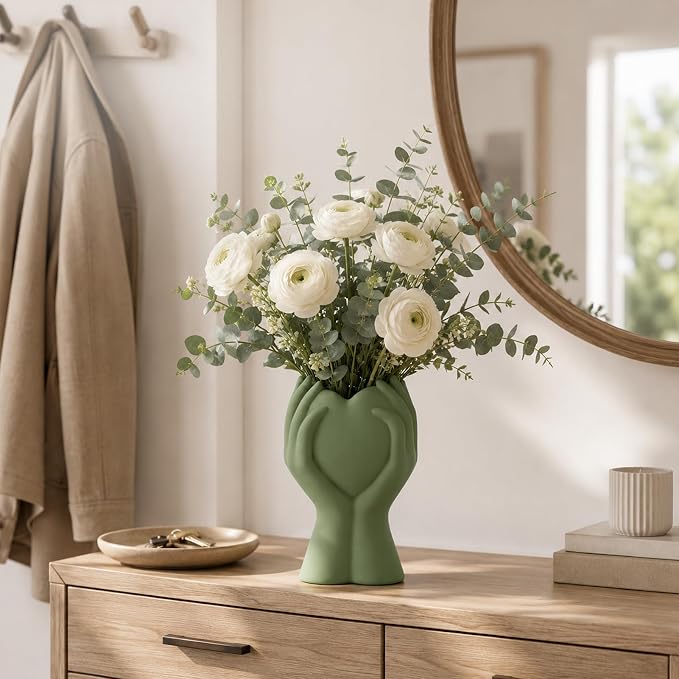 8 Inch Heart Hand Green Ceramic Vase - Image 2