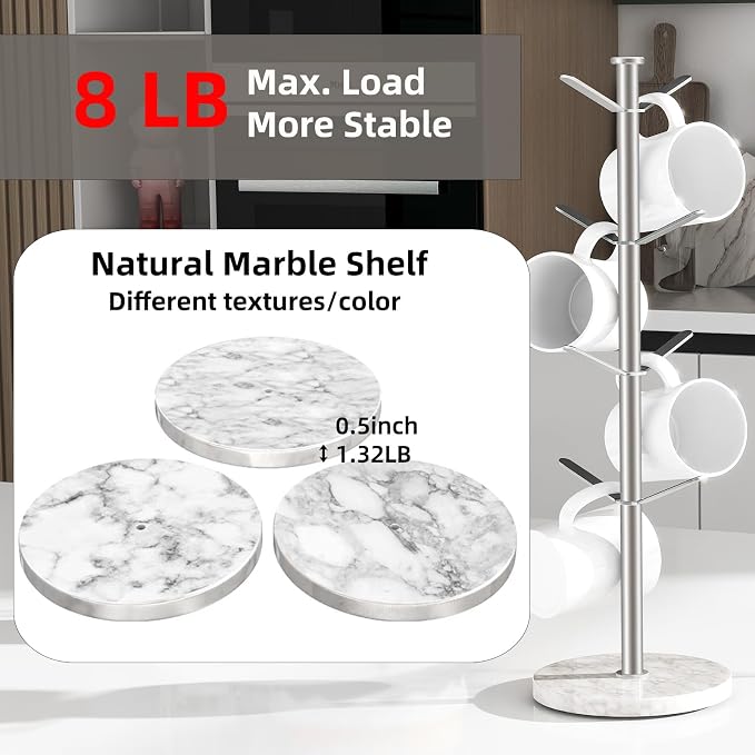 Gypie Marble Mug Holder Tree, 8 Hooks Brushed Nickel Coffee Cups Stand - Image 2