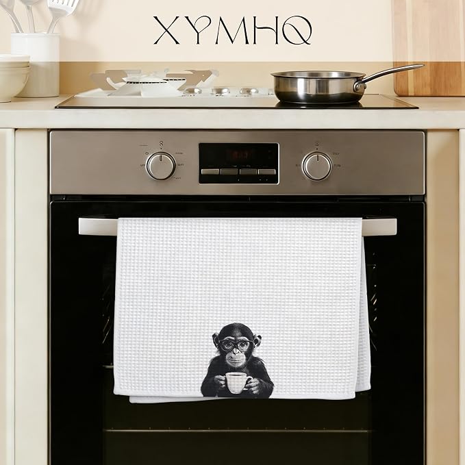 Funny Monkey Coffee Gifts Kitchen Towel, Cute Chimpanzee Wearing Glasses - Image 2