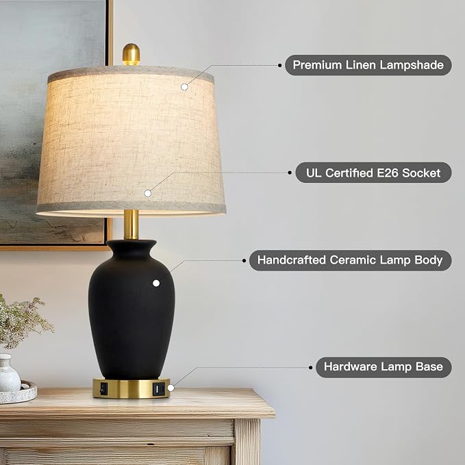 Cinkeda 23" Set of 2 Black Ceramic Farmhouse Table Lamp - Image 6