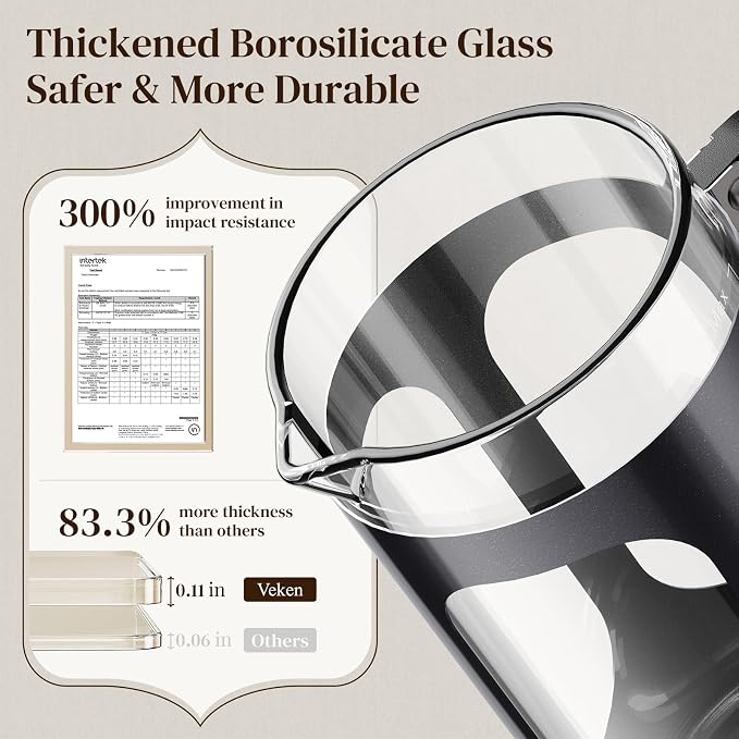 Veken French Press Coffee Maker 34oz, No Plastic Touching Cafe, Thickened Glass - Image 5
