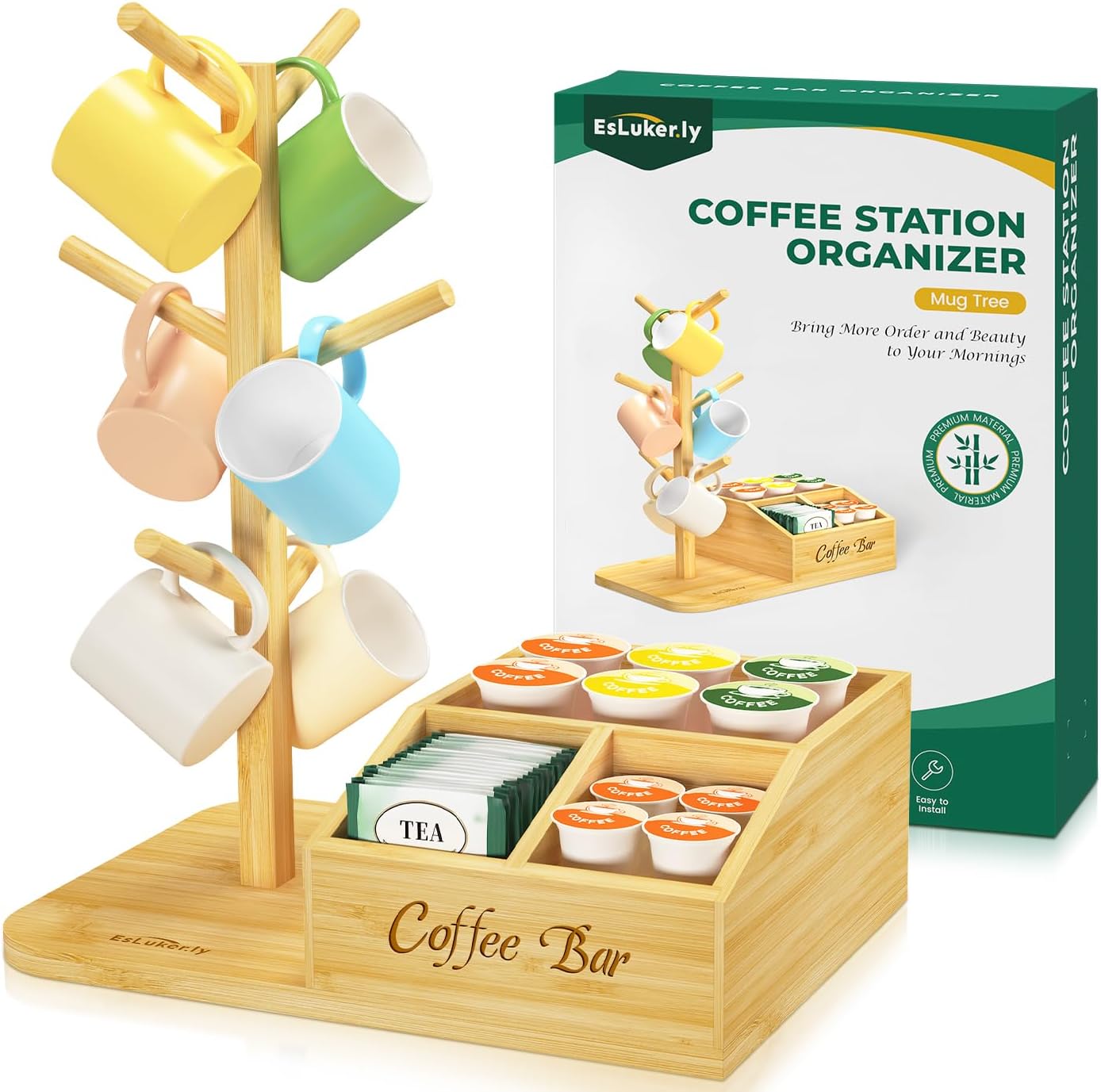 EsLuker.ly Mug Tree Holder Stand, Countertop Bamboo Coffee Cup Organizer Rack for Kitchen Office, Space-Saving Coffee Station Bar Organizer with 6 Hooks, Modern Design Enhances Decor