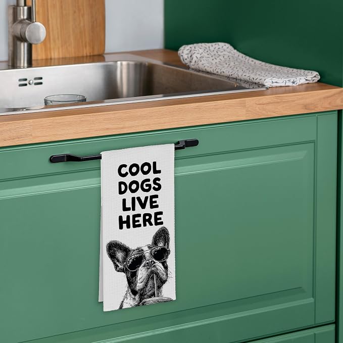 Funny Dog French Bulldog Kitchen Towels, Cool Dogs Live Here Dish Towel Gifts - Image 5