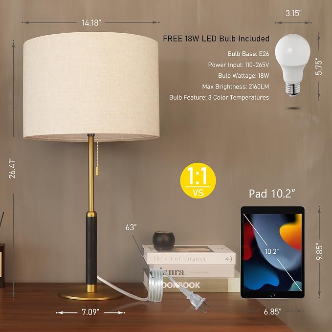26.4" Pull Chain Table Lamp Modern Mid Century Bedside Lamps - Image 2