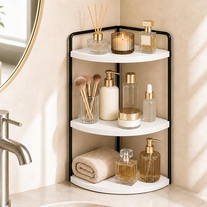 3-Tier Corner Bathroom Counter Organizer, Solid Pine Vanity Shelf, or coffee by SwartLife