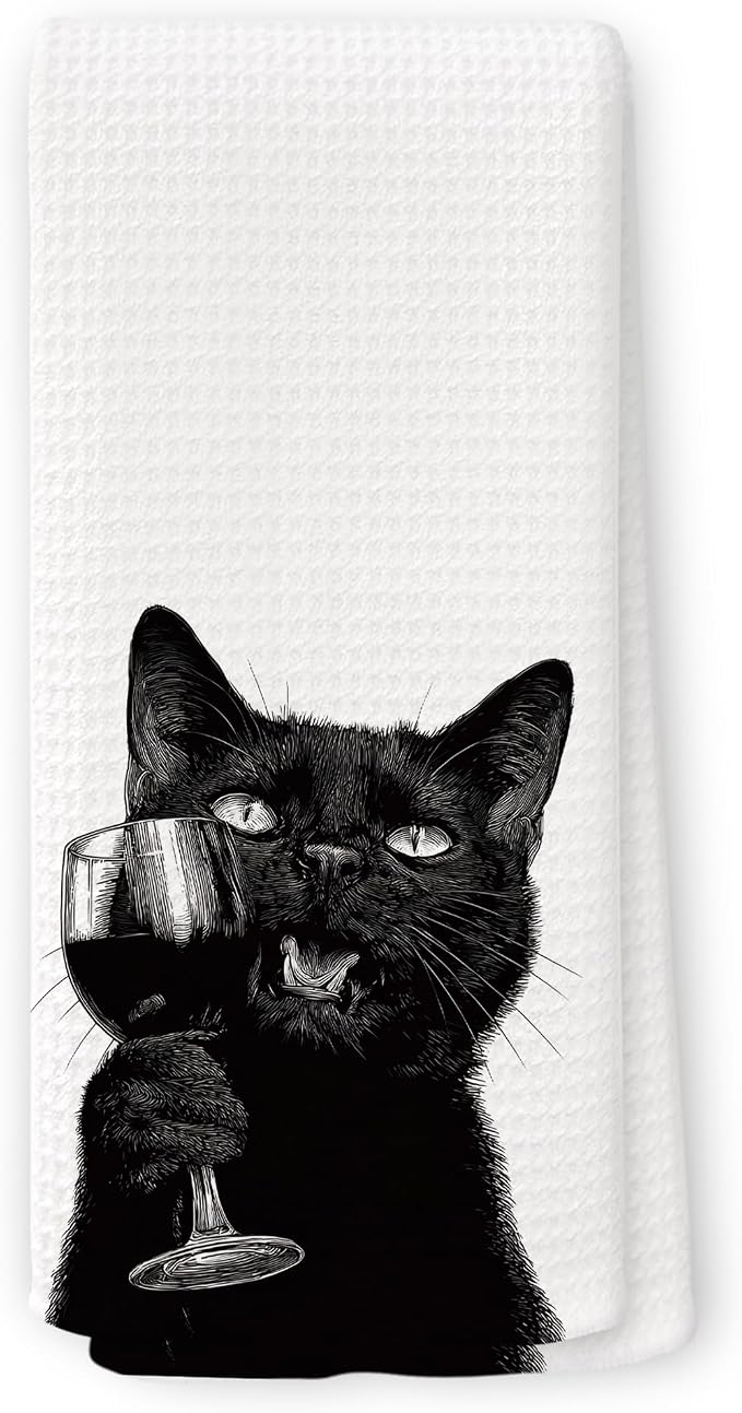 Funny Black Cat Wine Kitchen Towels, Gifts by Unknown