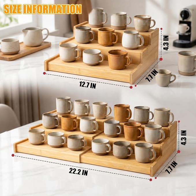 3-Tier Expandable Bamboo Mug Holder Shelf Rack - Image 2