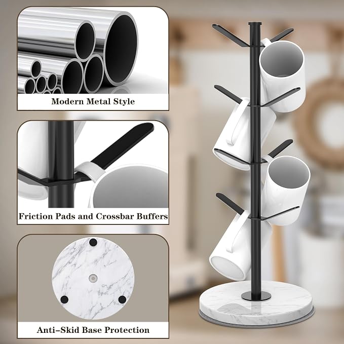 Marble Mug Holder Tree, 8 Hooks Coffee Cups Stand, New Upgraded Stable Mug Stand - Image 4
