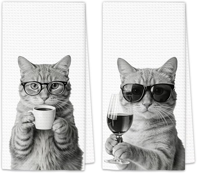 Orange Cat Gifts Coffee Wine Kitchen Towels Set of 2, Coffee Kitty Dish Tea by OINDADE