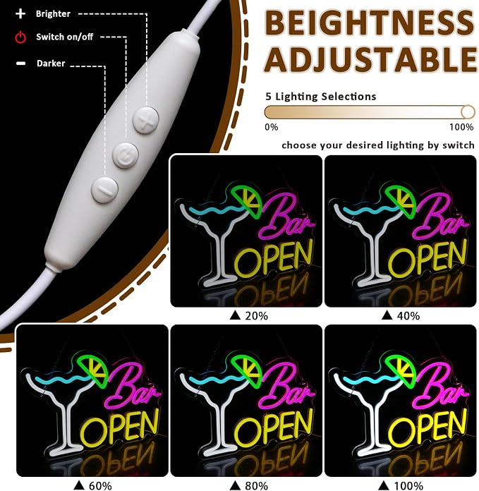 Bar Open Sign for Business, Neon Open Sign, USB Dimmable Cocktails Neon Lights - Image 3