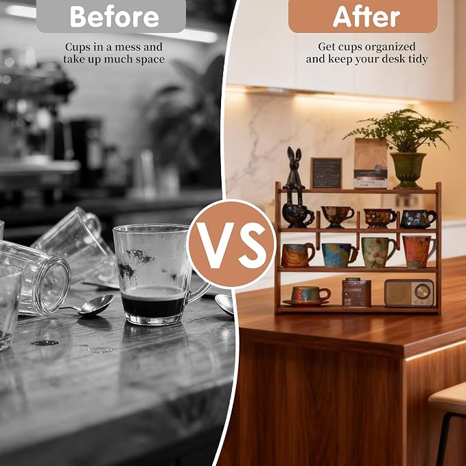 Coffee Cup Holder for Countertop Walnut Wood Mugs Shelf for Kitchen | Walnut - Image 4