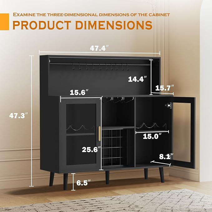 Wine Bar Cabinet with LED Light, Liquor Coffee Cabinet Bar w/Wine Rack & Glass - Image 2