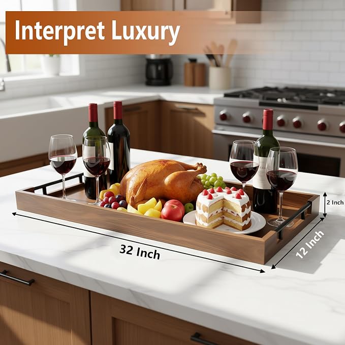 32 x 12 Inch Large Acacia Wood Serving Tray - Image 2