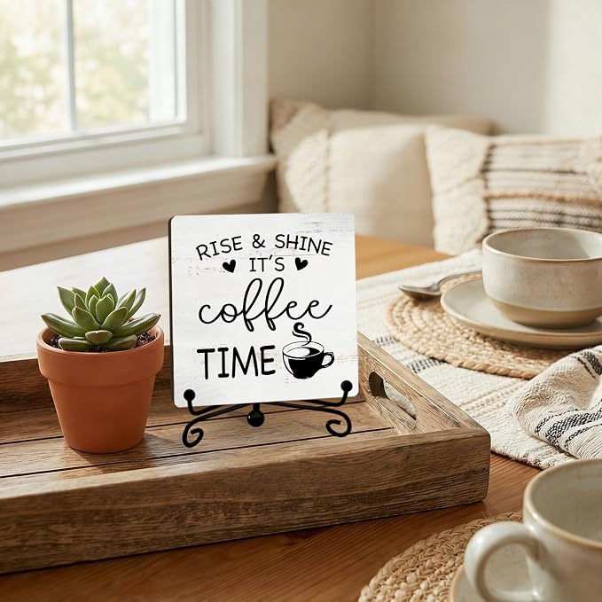 Minimalism Coffee Bar Decor, Rise & Shine It's Coffee Time Wood Plaque - Image 4