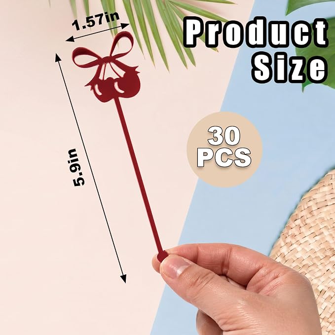 30 PCS 6 Inch Mirror Red Bow Cherry Drink Stirrers, Acrylic Swizzle Sticks - Image 2