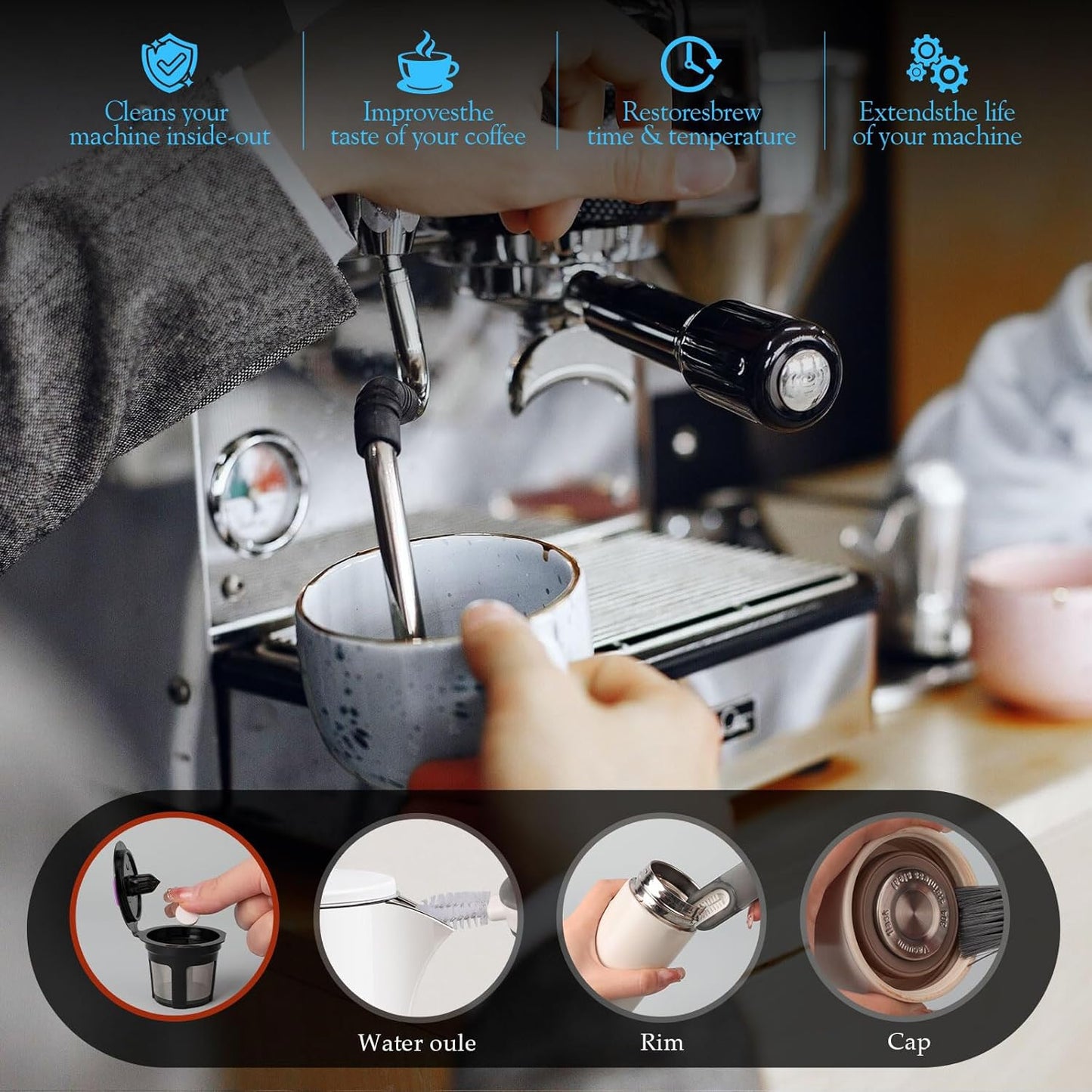 USKICH Coffee Machine Cleaner Descaler Tablets Kit Compatible 12 Espresso Machine Tablet and 1 Reusable Rinse Pods- 48 Cleaning Tablets and 6 Water Filters-3 in 1 Cup Lid Gap Cleaning Brush