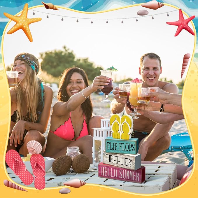 Yuntau 4 Pcs Summer Table Decorations Wooden Sign Flip Flops Table Centerpiece - Image 5
