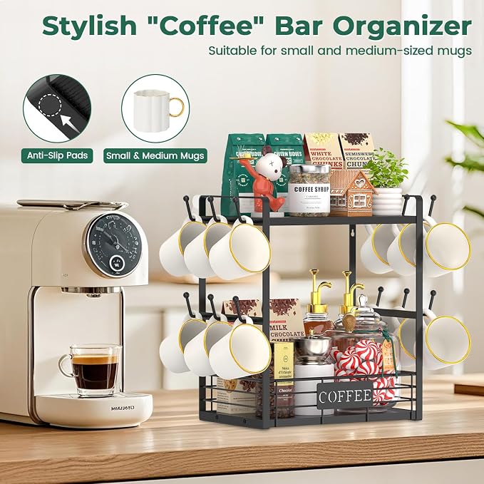 EsLuker.ly Coffee Mug Cup Holder Tree Bar Station Organizer, 2 Tier Mug Stand - Image 5