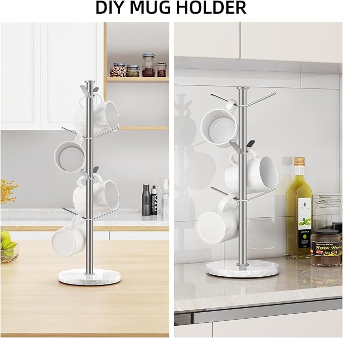 Gypie Marble Mug Holder Tree, 8 Hooks Brushed Nickel Coffee Cups Stand - Image 4
